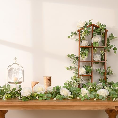 White Rose Eucalyptus Garland 4 Pcs, Faux Floral Wedding Decor, 26ft