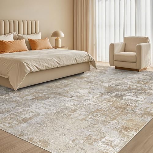 8' x 10' Washable Area Rug for Living Room - Modern Abstract Neutral Large Soft Non Slip Carpet - Beige Brown