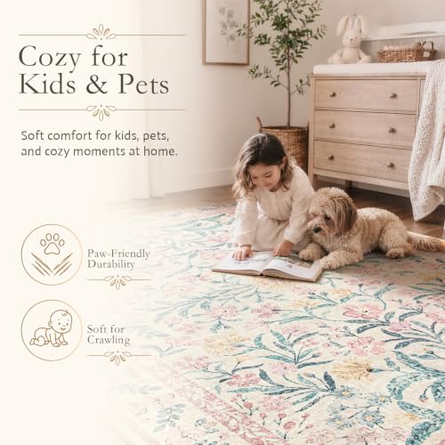 Wonnitar 6x9 Pink Floral Washable Area Rug for Bedroom & Nursery, Non-Slip Boho Carpet