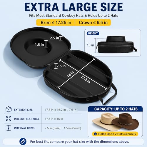 Extra Large Waterproof Cowboy Hat Box Travel Case Holds 2 Hats - Black