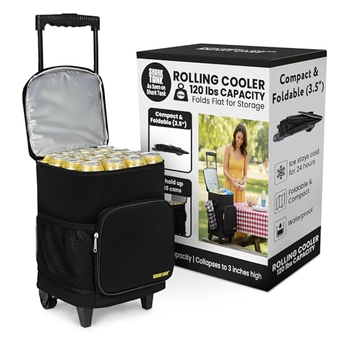 Collapsible Insulated Cooler Bag with Wheels - Leak-Proof Travel Trolley - Black - 36 Cans