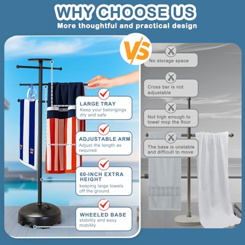 Small Pool Towel Rack with Wheels & Storage Tray - Adjustable Indoor/Outdoor