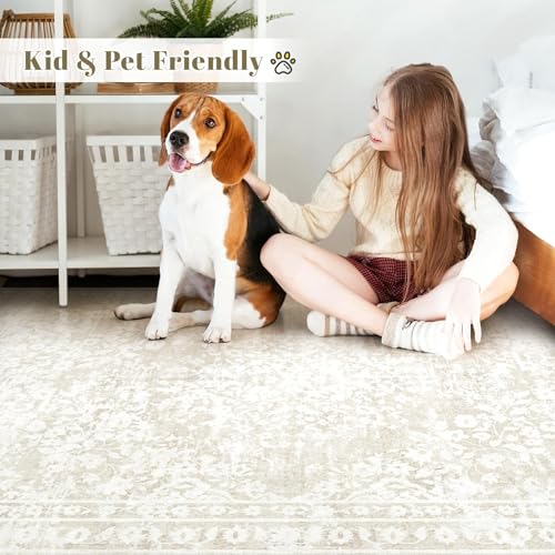 Aoyaomi Cream Beige 8x10 Vintage Boho Area Rug - Distressed Floral Indoor Carpet