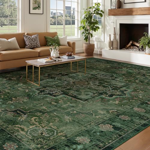 Jainmy 8x10 Dark Green Traditional Medallion Rug for Living Room & Bedroom, Washable Non-Slip Low Pile Floor Carpet