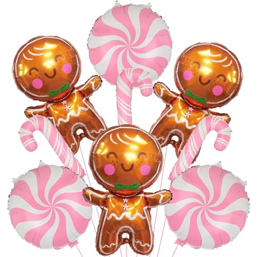 Pink 32in Gingerbread & Candy Cane Foil Balloons Party Decorations (Set of 9) - Wclliuchi