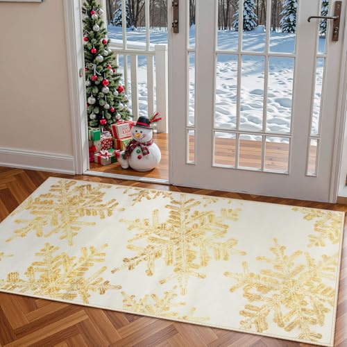 Lahome 2x4 Gold Snowflake Christmas Rug Entryway – Non-Slip, Machine Washable