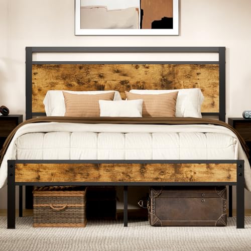Z-hom Upgraded Full Size Bed Frame with Wooden Headboard & Footboard - Vintage Brown
