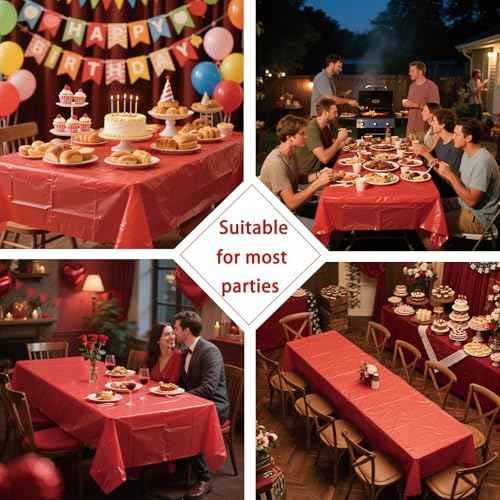 Disposable Red Tablecloth 2 Pack, 54 X 108 Inch Red Plastic Table Cloths Rectangle for Birthday Party, Wedding Christmas and Valentine's Day Decoration