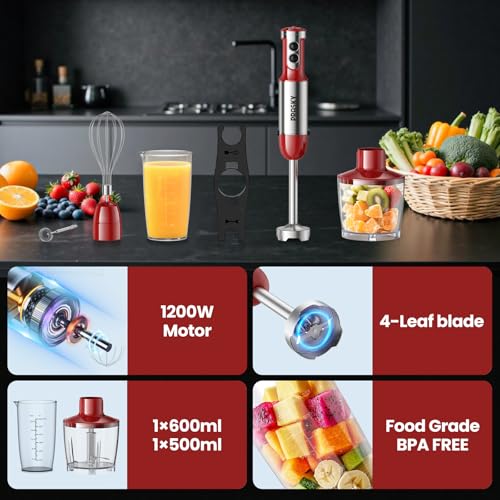 Prasky Red 1200W Handheld Immersion Blender 20-Speed 5-in-1 Kitchen Mixer