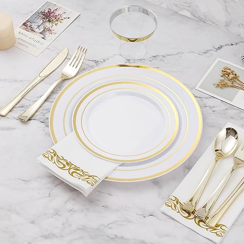 BESTVIP 175 PCS Gold Rim Disposable Plates Dinnerware Set for 25 Guests (Gold / 25 Guests)
