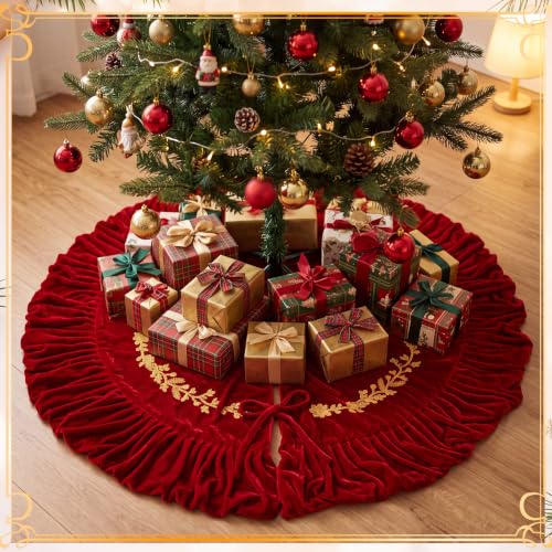Sotiff 36 Inch Burgundy Velvet Christmas Tree Skirt with Gold Embroidery - Classic Wine Red