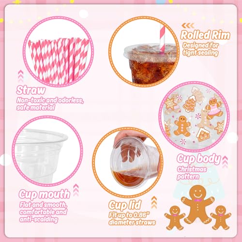 50 Pack Christmas Disposable Plastic Cups with Lids & Straws - Pink Gingerbread Theme, 12oz Party Supplies