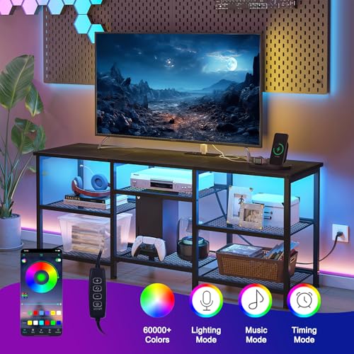 YGEOMER Black Entertainment Center for 50in TVs with LED Lights & Charging Station