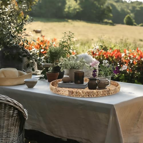 24-Inch Round Water Hyacinth Ottoman Tray with Handles - Oversized Serving and Decorative Table Organizer - Handmade