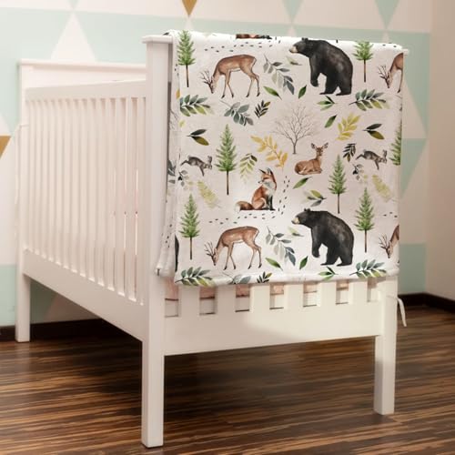 HawSkgFub Forest Animals Baby Blanket Boys Shower Gift, Bear Fox Deer Pine Tree Flannel Fleece Nursery Bed Receiving Swaddle, Soft Lightweight Newborn Infant Toddler Crib Bedding 30 x 40