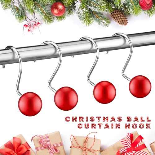 12 Pcs Christmas Ball Shower Curtain Hooks Ball Ornament Shower Christmas Curtain Rings Holiday Hooks Decorative Holiday Bathroom Accessories for Winter Bathroom Decoration(Red)