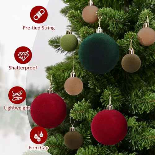 Uspring 44 Pcs Velvet Christmas Ornaments Set - 1.57 & 3.15 Inch Flocked Ornaments Shatterproof Christmas Balls for Xmas Tree Holiday Wedding Party with Pre-Tied Hanging Strings, Red, Green