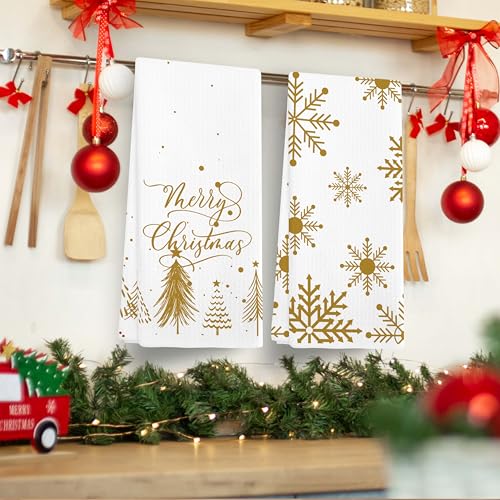 Merry Christmas! Gold Kitchen Towels Set of 2 - Snowflake Holiday Decor