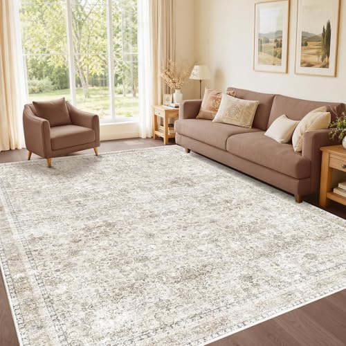 Beige 5x7 Area Rug - Ultra-Soft Washable Vintage-Style Living Room Carpet