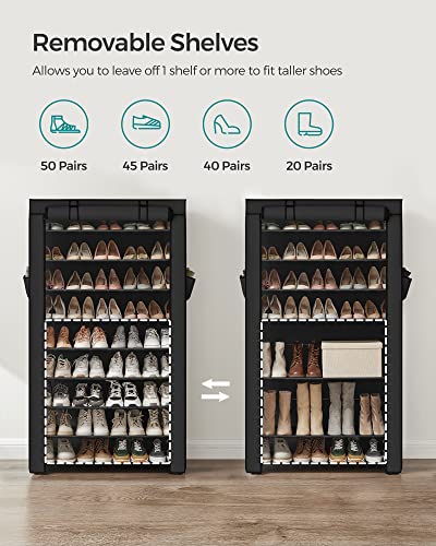 Black 10-Tier Shoe Rack with Cover, Holds 40-50 Pairs, Easy Assembly