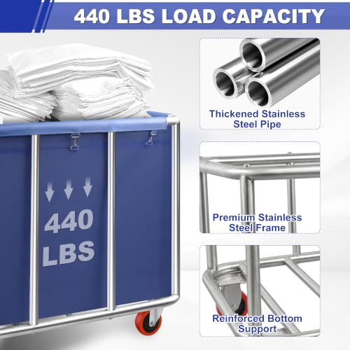 420L Heavy Duty Laundry Cart with Removable Water-Resistant Blue Liner and 440lbs Capacity