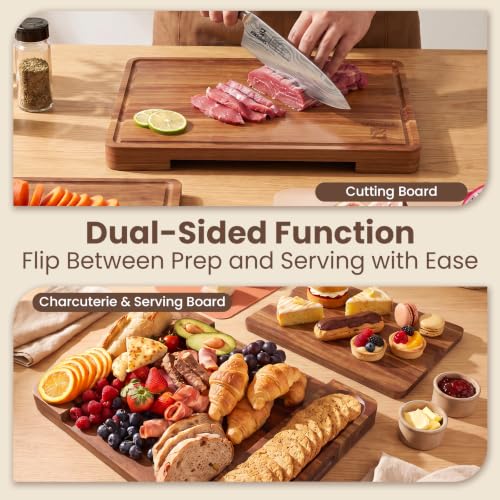 Piklohas Large Acacia Wood Cutting Board Set with Storage Stand - Brown