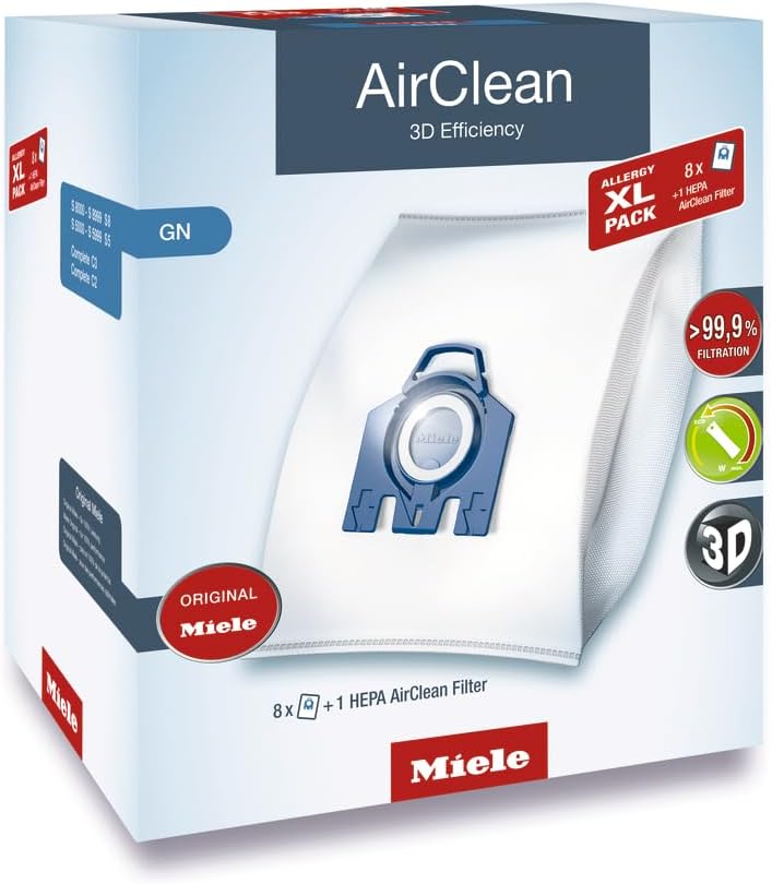 Miele Genuine AirClean GN Vacuum Cleaner Bags - Allergy XL Pack with 8 Bags & 1 HEPA Filter for C2/C3
