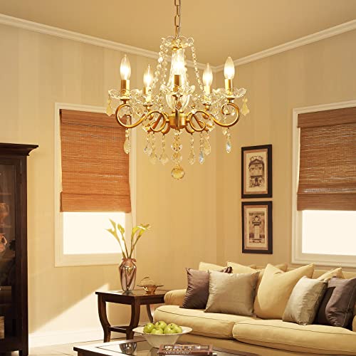 Mini Crystal Chandelier for Living Room & Bedroom - 16.5 Inch Height, Gold Finish, 5 E12 Bulbs, Adjustable Chain
