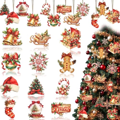 Wooden Christmas Decorations Cute Bell Santa Hat 12pc Set - Colorful-3