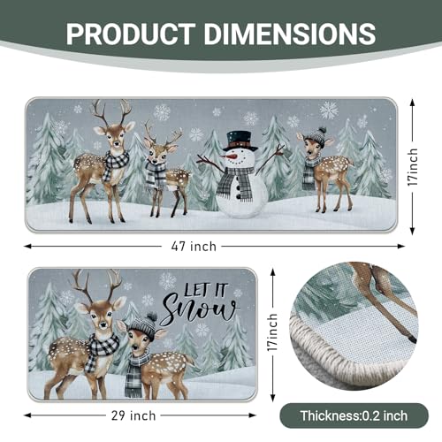 Gray Deer Snowman Winter Reindeer Kitchen Rugs Set of 2 - Non-Slip Decor Mats