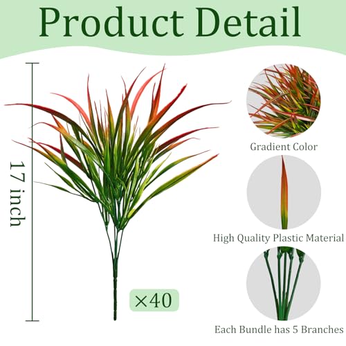 Cherica 40Pcs Red Artificial Outdoor Grass Stems UV Resistant Landscaping Decor