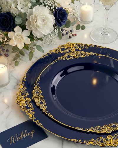 Nervure Navy Blue & Gold 350-Piece Disposable Dinnerware Set for 50 Guests