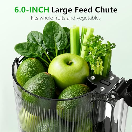 Cold Press Juicer Machine with 6-Inch Wide Feed Chute - Silver - Powerful Brushless Motor, Self-Precut System, BPA-Free Parts, Extra Strainer