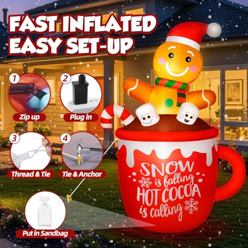 6FT Christmas Inflatable Gingerbread Man in Hot Cocoa Mug with LED Lights Outdoor Decor