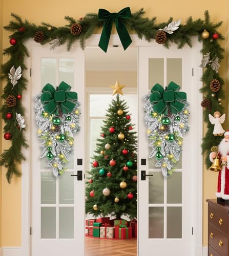UUXX 2 Pack Prelit Green Christmas Swags with Green Bows and Ornaments, 23.6" Holiday Door Decor