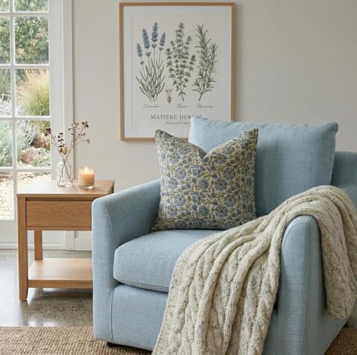 Spring Blue and Green Linen Throw Pillow Cover 20x20 Inch - Set of 1