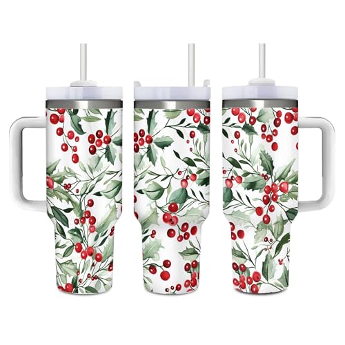 Christmas Holly 40 oz Insulated Tumbler – Dewoofly, 1200 ml with Lid & Straw