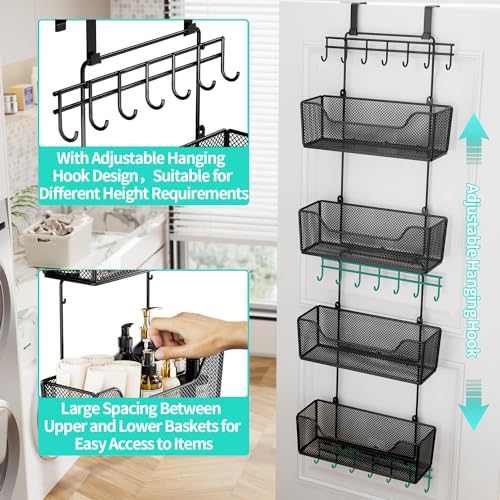HapiRm Black Over The Door Organizer with 4 Large Metal Baskets & Adjustable Hooks