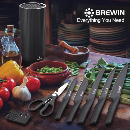 Brewin Charcal 8-Piece Kitchen Knife Set with Block & Scissors – Sharp, Non-Stick, Stainless Steel