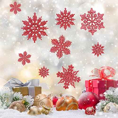 36Pcs Red Snowflake Ornaments, Plastic Glitter Snow Flakes Ornaments for DIY Winter Christmas Tree Decorations,New Year Party Home Decorations