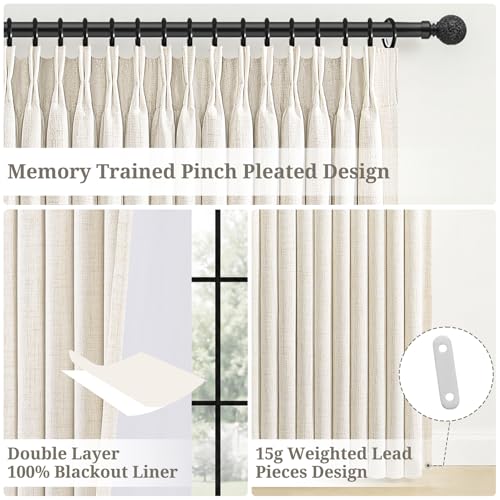 Blackout Linen Curtains Set - 50W x 96L, Birch, 2 Panels, Thermal Insulated