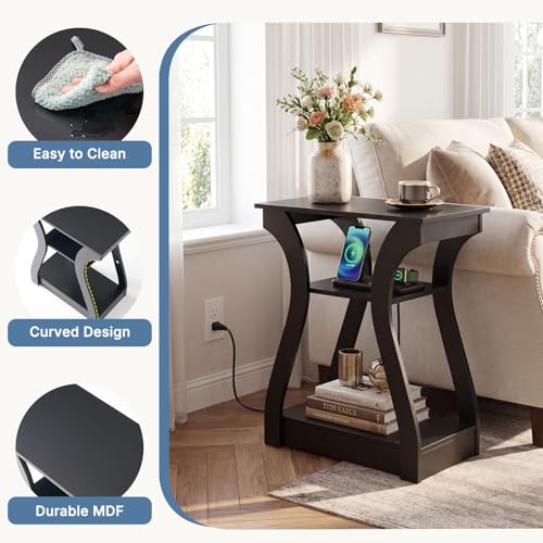 End Table with Charging Station Set of 2 - Modern Curved Nightstands, Black