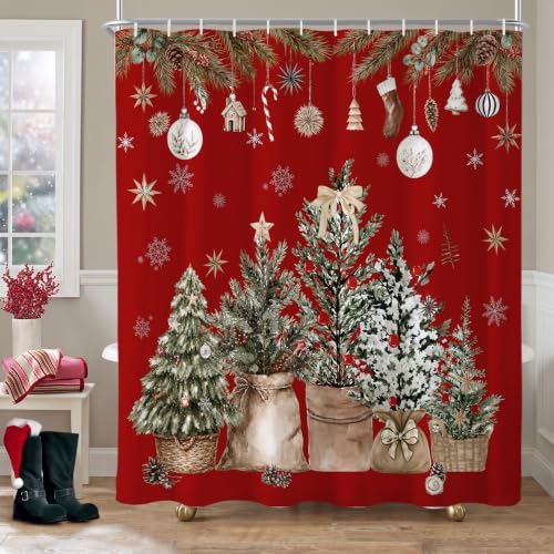 Baccessor Christmas Shower Curtain 72x72 Inches Red Pine Tree Holiday Bathroom Decor