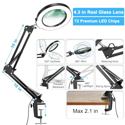 Black 10X Magnifying Glass with Light and Clamp - Stepless Dimmable LED Desk Lamp for Crafts, Reading, Jewelry, Sewing