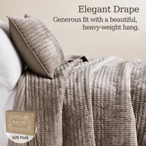Velvet California King Quilt Set - Oversized Brown Taupe Striped Bedspread with Pillow Shams