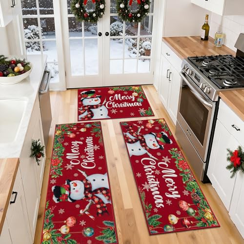 Ileading 3-Piece Christmas Kitchen Rug Set with Non-Slip Backing, 20x32, 20x48, 20x59 - Red Snowman