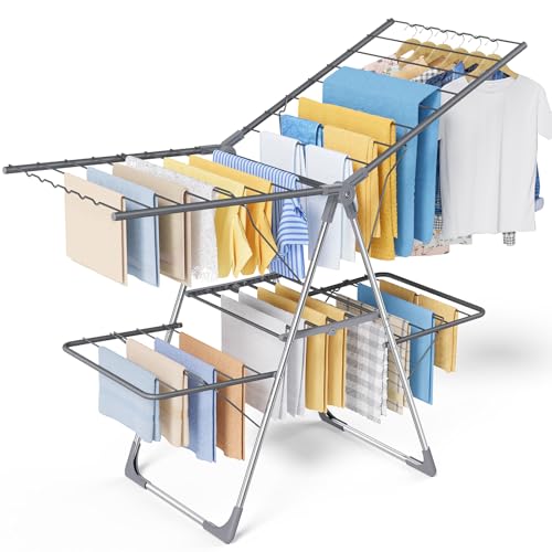 Sakugi Foldable Clothes Drying Rack 55.5" Large Gray 2-Level Adjustable Wings