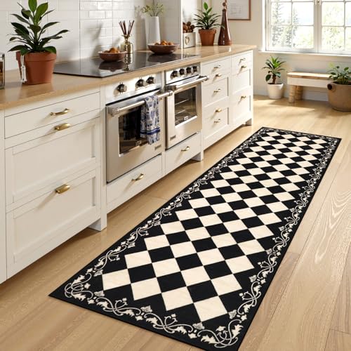 Black Checkered Runner Rug 2.5x8 ft Washable Non Slip Hallway Carpet