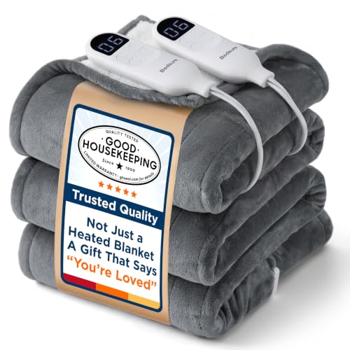 Bedsure Queen Size Heated Blanket Grey with Dual Control, Fast & Safe Warmth