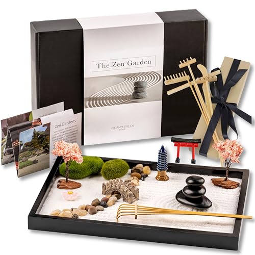Mini Zen Garden Desk Decor Kit with Rakes, Rocks & Pagoda - 11x8in